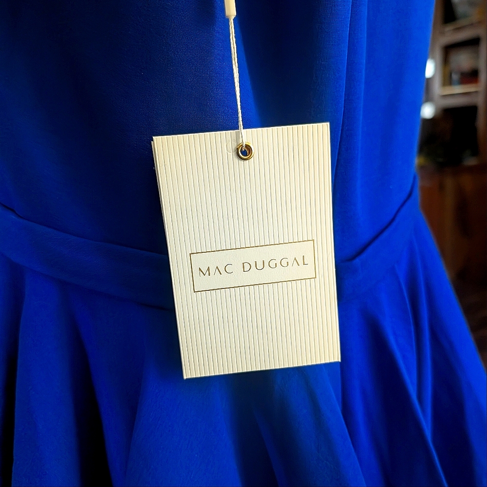 NWT Mac Duggal 48887 Off Shoulder Fit & Flare Dress Blue Sz 14 Mini Dress $398 - Picture 4 of 7